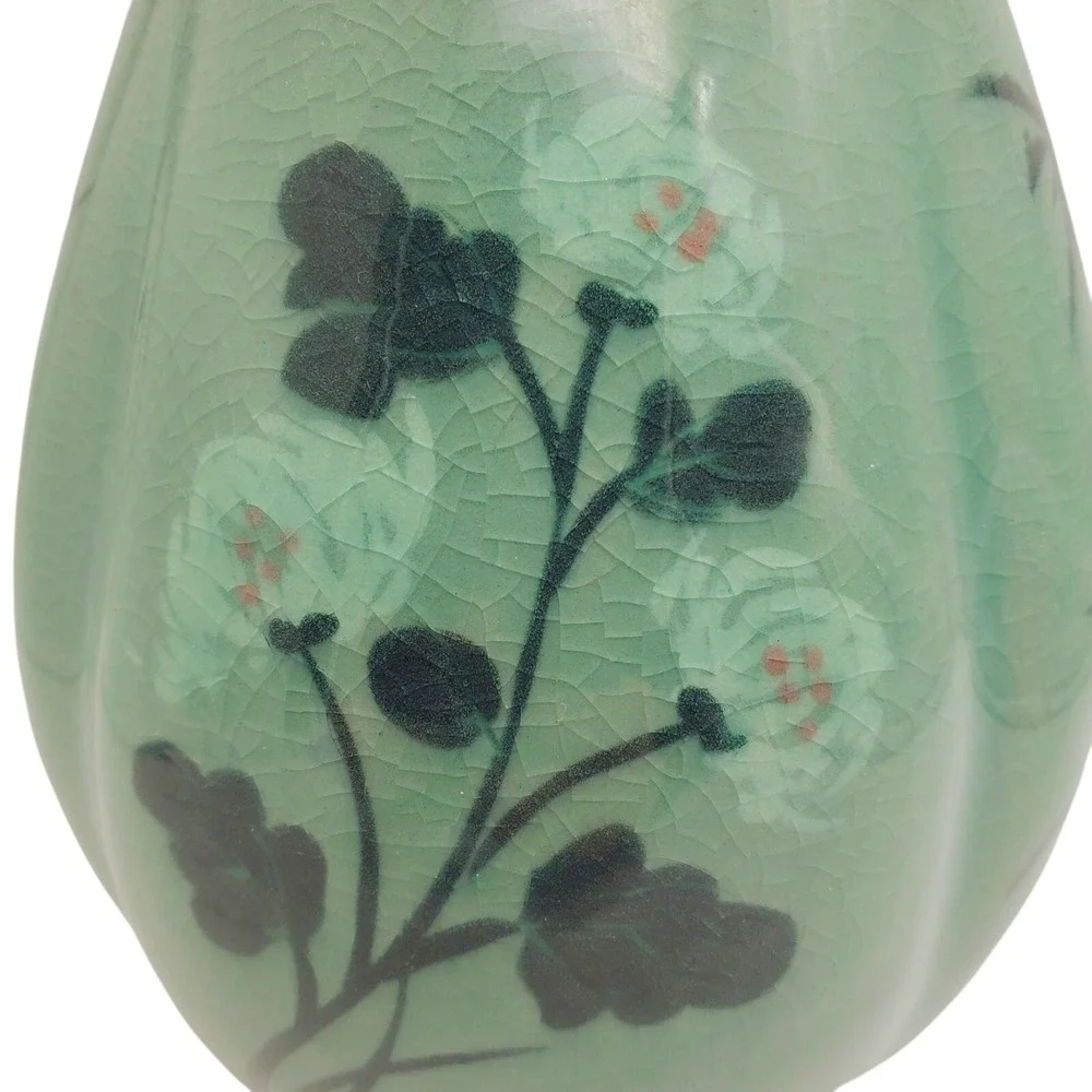 Korean Celadon Green Vase Cherry Blossom Flower Retro Bamboo Asian Pottery Vtg